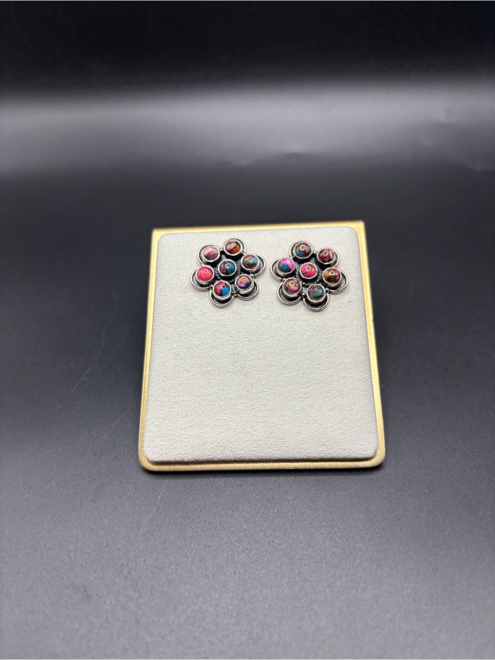 Multicolor Floral Cluster Stud Earrings - Colorful Stone Flower Design